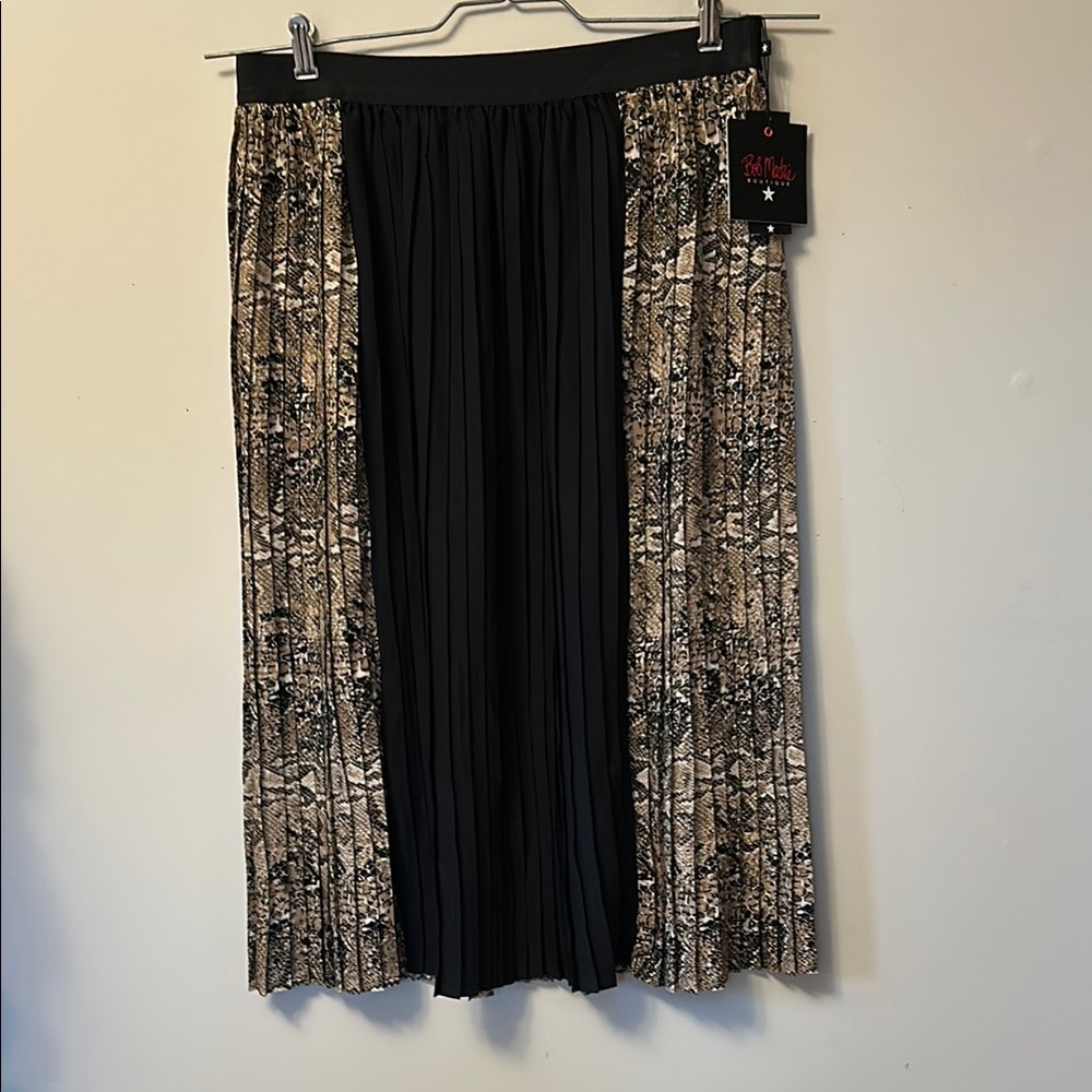 Bob Mackie black & tan pleat midi polyester skirt elastic waist size L with tags